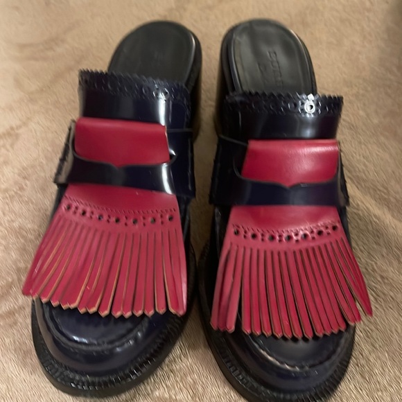 Authentic Burberry English Icons Fringes Beckshill Block Heel Mules Sz 39.5/9.5 - Picture 1 of 8